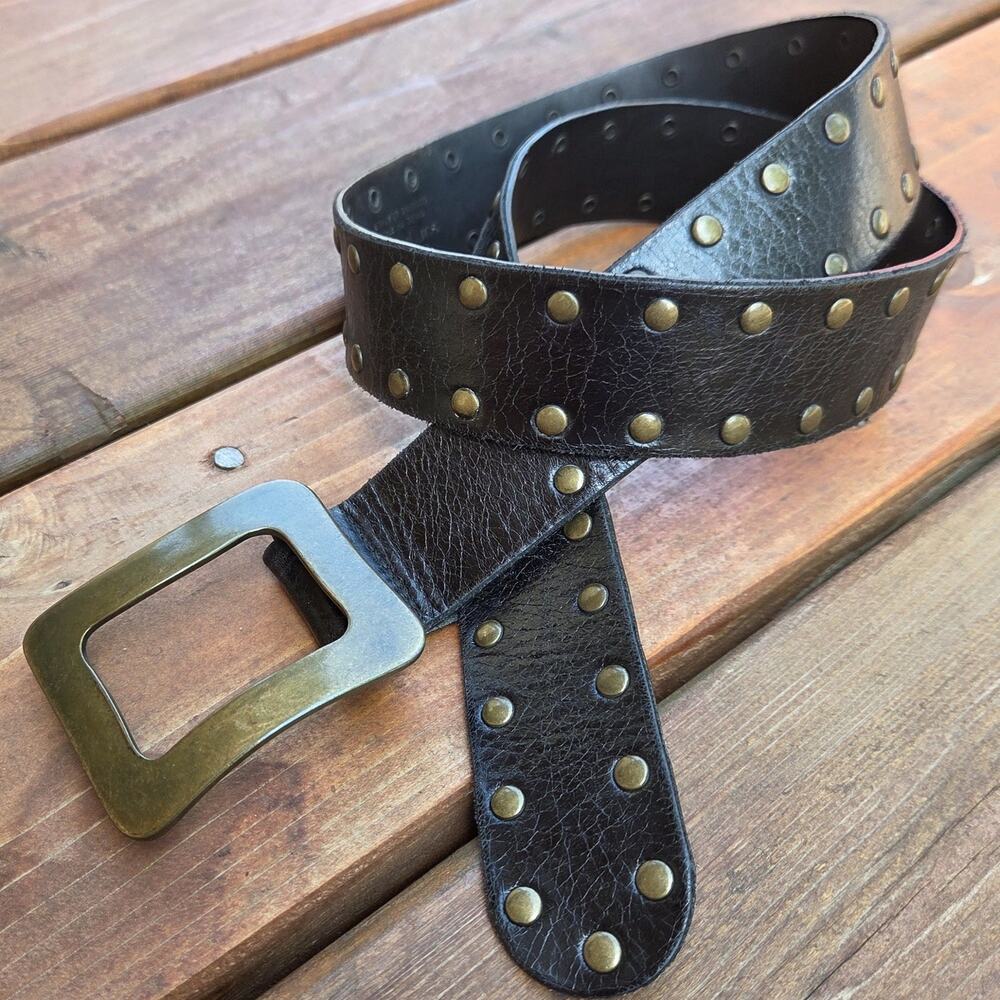 Italian Leather Studded Belt Black Antique Gold Buckle Boho Western L - Picture 2 of 7